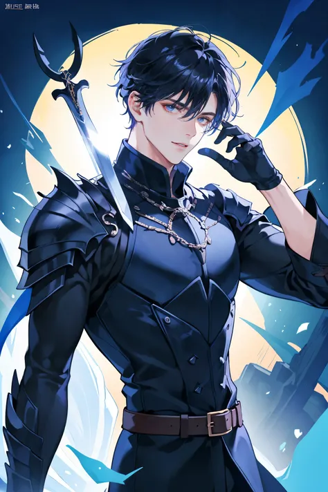 masterpiece,Best,( Perfect Face ),Cartoon, Handsome Pose , Handsome Man ,evil knight,[sword,Black Mist Makes , fashion hairstyle , Black Short Hair, Perfect composition, Dynamic Photography Fascinating