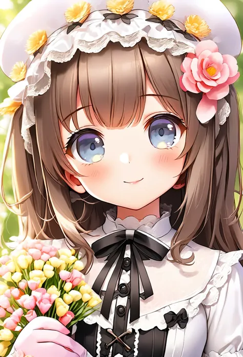 Anime girl with long hair and holding a bouquet of flowers in a white dress,  cute anime girl,  cute realistic portrait with long hair and charming eyes ,   anime girl cute  in maid costume ,  Cute Anime Girl , Cute anime wife wearing a pretty dress ,  Cut...