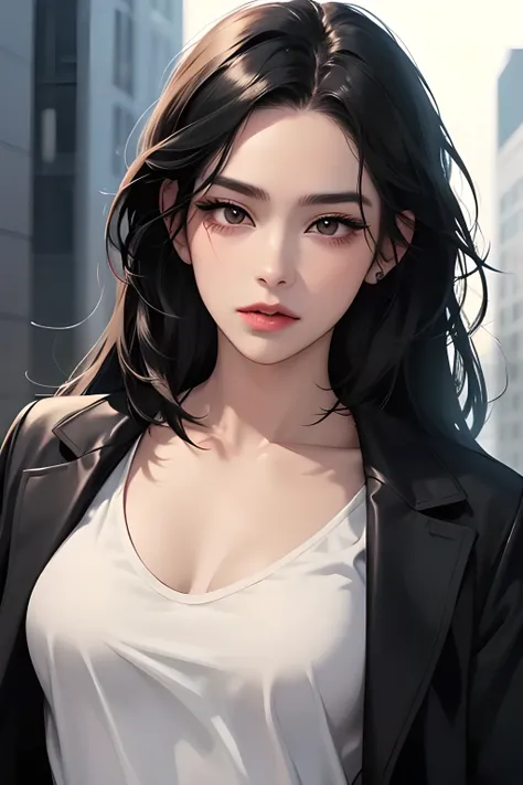 1 woman, black hair, black eyes, 35 years old, black jacket, Expressionless, beautiful detailed eyes, middle hair, concept art,cinematic lighting, With straight hair, detailed clothes, Semi-realistic, perfect body, outdoor, medium chest, black tops,black C...