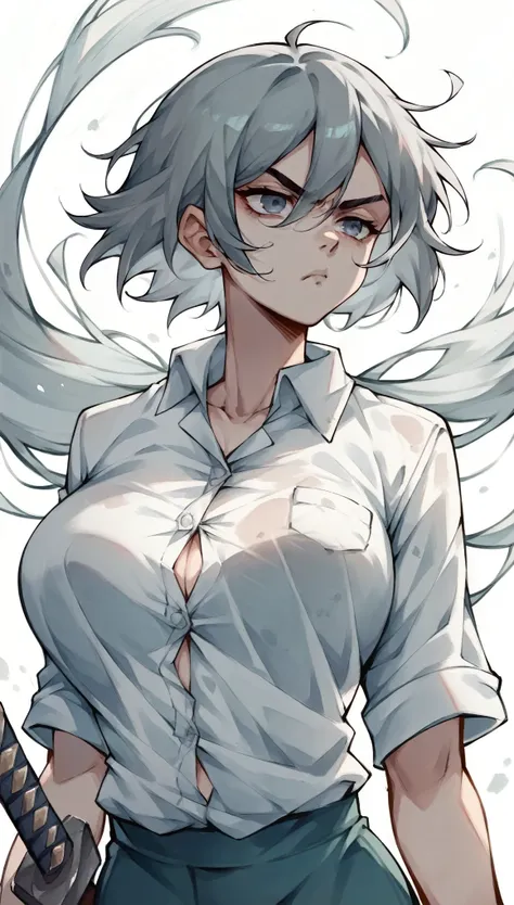 score_9, score_8_up, score_7_up, score_6_up, score_5_up, score_4_up, 1 girl, Alone, watercolor(medium), Messy grey hair, Holding a straight sword ,  serious expression,  white button shirt, side,big  breasts, Lean forward and rush ,  motion blur background...