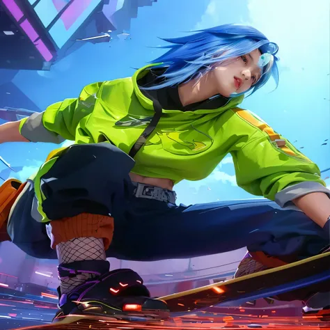 a close up of a person on a skateboard in a city, female lucio, rossdraws cartoon vibrant, lucio as a woman, cyberpunk anime girl in hoodie, trigger anime artstyle, clean artstyle, kda, inspired by Cao Buxing, katana zero video game character, anime style ...