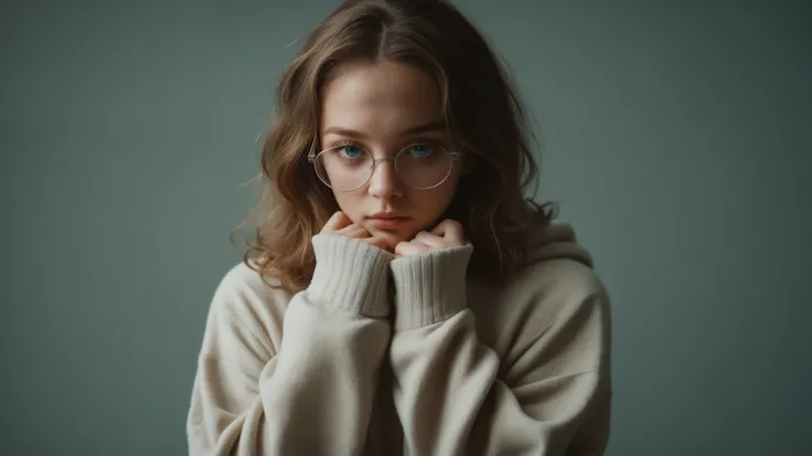 Photorealistic portrait of a young woman, wearing an oversized soft beige sweater enveloping her body, delicate face with glasses and striking turquoise-blue eyes, curled up pose with arms hugging knees and head covered by hoodie, intimate frontal shot in ...