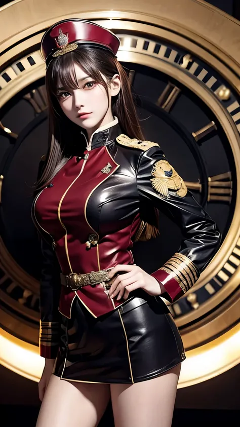 ultra detailed, absolutely resolution, best quality, beautiful woman dressed in a heavy (steam diesel clock) punk style military uniform,　super deformed, movie and anime style, various effects, 2.5D, digital graphic CG fantasy art