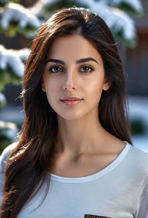 a (28 year old) Arab girl, long straight dark brown hair, dark eyes, portrait,front view, (full body), (fair complexion) ,garden,snow,(best quality,8k,highres,masterpiece:1.2),ultra-detailed,(realistic,photorealistic,photo-realistic:1.37),HDR,UHD,studio li...