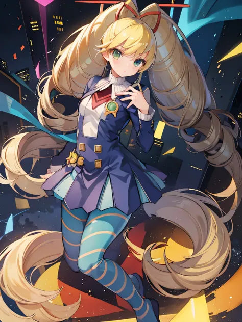 twintails,twin drills,dress,blue pantyhose,striped pantyhose,yellow hair