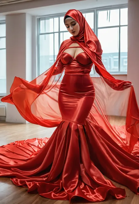 A woman shrouded in a 8-meter-long, plush red transparent satin cloth, slim body with big breast,tightly bound and grandly draping along the form of her body, flowing off into a pooled floor-length train, styled in a mermaid-inspired outfit, her head modes...