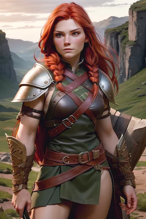 woman young, Red-haired warrior, long hair gathered in a single braid, freckles on the face, mix of Nordic and Celtic themes, armed with long sword and round wooden shield, wearing medium leather armor with fur linings and Celtic and Norse knots, , very d...