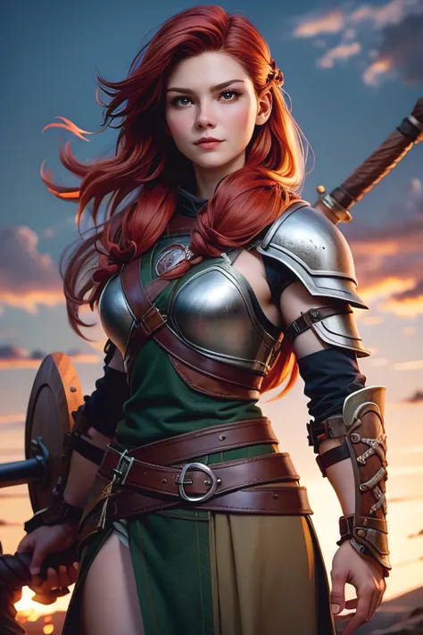 woman young, Red-haired warrior, long hair gathered in a single braid, freckles on the face, mix of Nordic and Celtic themes, armed with long sword and round wooden shield, wearing medium leather armor with fur linings and Celtic and Norse knots, , very d...