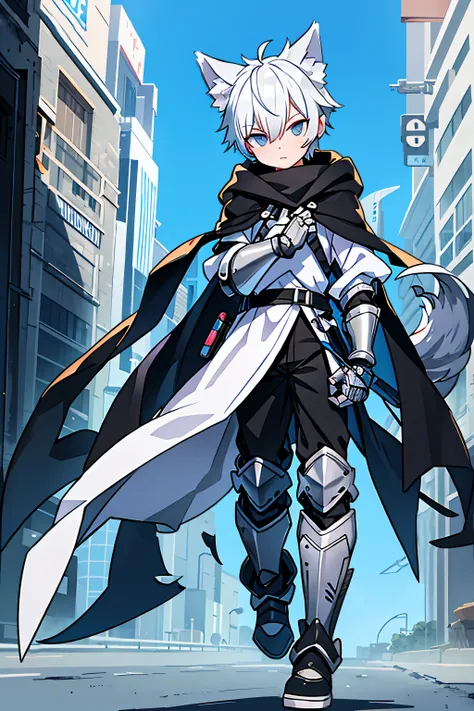 Game CG， 8K quality ，((ONE boy))，hood ， anime male protagonist ，Wolf ears，Tail，Handsome Face ，head mounted display， Silver White and Sky Blue Dye，Full Body Mechanical Armor，Mechanical gloves， mechanical combat boots ，Full body portrait， No Background ，，Ful...