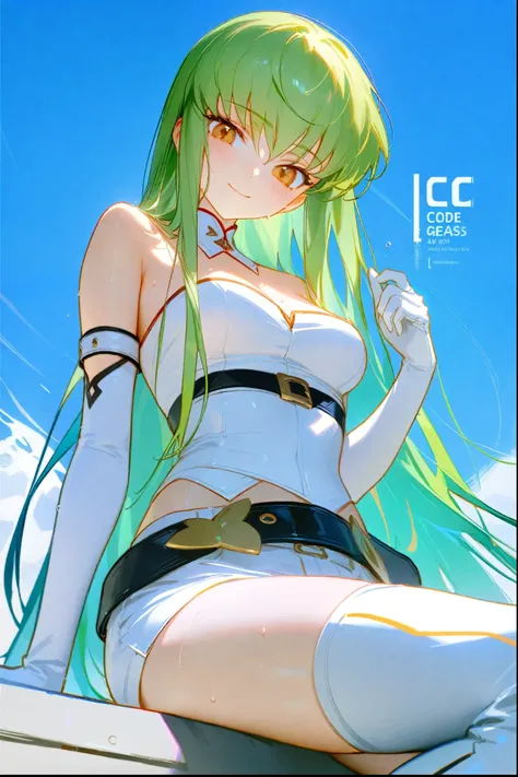 1girl, 
c.c., code geass, 
miv4t, sho (sho lwlw), ask (askzy), wlop, (ningen mame:0.9), ciloranko, 
closed mouth, looking at viewer, looking down, solo, sweat, medium breasts, sitting, head tilt, gloves, artist name, belt, from below, shorts, shirt, white ...