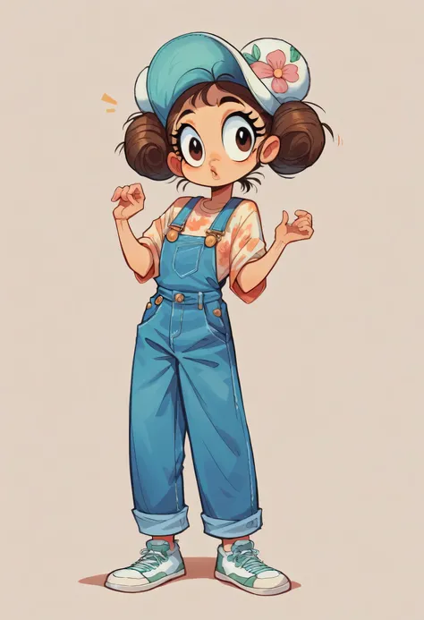 (masterpiece, best quality:1.2), cartoonish character design。1 girl, alone，big eyes，cute expression，Two hair buns，Loose floral shirt，Blue Denim Overalls，White sneakers，stand，interesting，interesting，clean lines