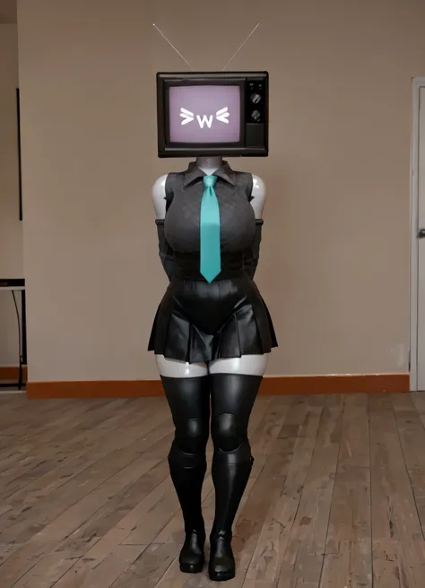 ((masterpiece, best quality)), (8k, best quality), (((best quality))), 1girl, full body, solo, white skin, humanoid Tv woman, TV head with a glowing purple screen, human body, hatsunemikucosplay, black gloves, robot girl, tvwoman, tv head, robot girl, tvwo...