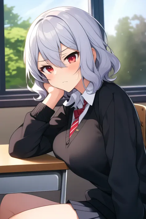 extremely detailed C, anime, 1 girl, solo, solo focus, short hair, silver hair, wavy hair, tired hair, red eyes, tsurime, dutch angle, large breasts, in the classroom, looking outside, looking afar, bored, {{{looks sleepy}}}, disdain, disappointed, half cl...