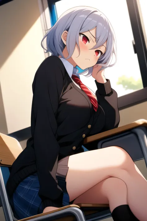 extremely detailed C, anime, 1 girl, solo, solo focus, short hair, silver hair, wavy hair, tired hair, red eyes, tsurime, dutch angle, large breasts, in the classroom, looking outside, looking afar, bored, {{{looks sleepy}}}, disdain, disappointed, half cl...