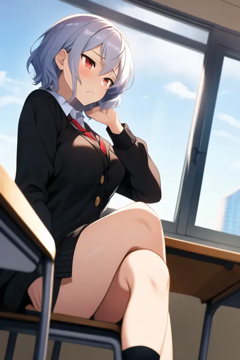 extremely detailed C, anime, 1 girl, solo, solo focus, short hair, silver hair, wavy hair, tired hair, red eyes, tsurime, dutch angle, large breasts, in the classroom, looking outside, looking afar, bored, {{{looks sleepy}}}, disdain, disappointed, half cl...