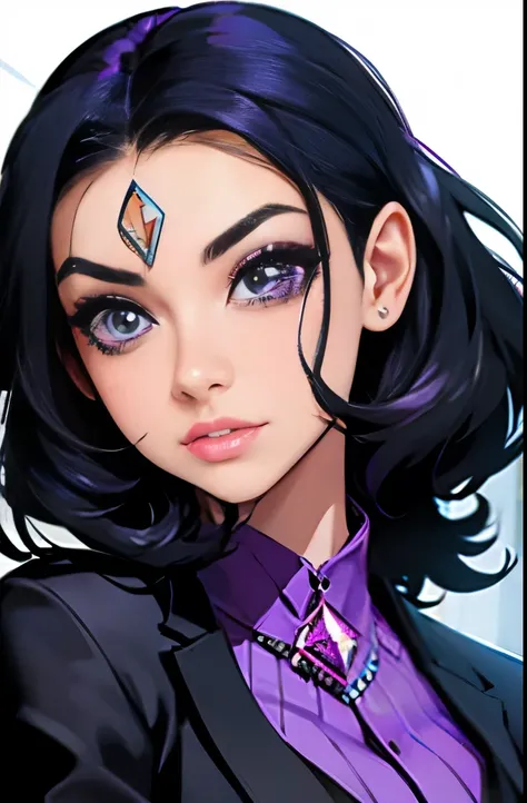 Comic girl with black suit and purple Ara having an gem in forehead