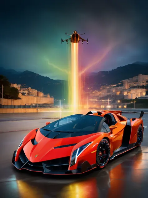 lamborghiniveneno, 1 voiture, roadster, front de mer, digue,cinématographique light, hdr,cinématographique shot,panorama (coup s...