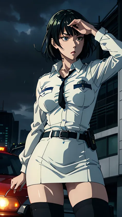 anime、High image quality、 high definition、 one woman、（ slender figure）、（whole body）、(((woman police officer)))、 miniskirt、 Urban Dusk 、（ its raining ）、Flashing lights 、 tense scene for you 、 Skyscrapers、Patrol car、Porsche、