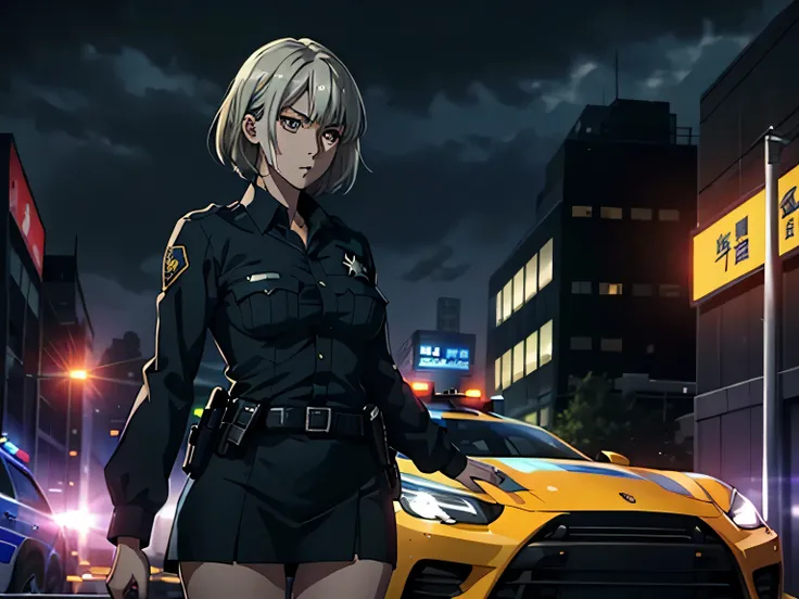 anime、High image quality、 high definition、 one woman、（ slender figure）、（whole body）、(((woman police officer)))、 miniskirt、 Urban Dusk 、（ its raining ）、Flashing lights 、 tense scene for you 、 Skyscrapers、Patrol car、Porsche、