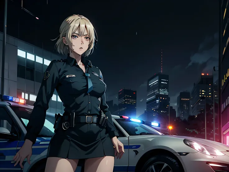 anime、High image quality、 high definition、 one woman、（ slender figure）、（whole body）、(((woman police officer)))、 miniskirt、 Urban Dusk 、（ its raining ）、Flashing lights 、 tense scene for you 、 Skyscrapers、Patrol car、Porsche、