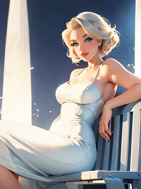 blond woman in white dress sitting on a silver bench, white dress!! of silver hair, white silky outfit, blonde goddess, a beautiful woman in white, photo of a model, elegant posed, pinup, pinup pose, inspired by Marilyn Bendell, dressed in a beautiful whit...