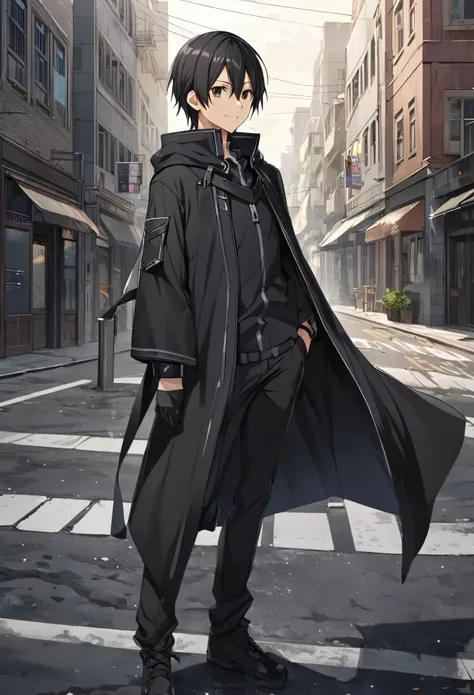 anime,1 guy, (Kirito :1.3), Вдохновись anime SAO,  perfect anatomy, Smile Black Hairstyle, black cloak,  brown eye ,  Full Height, 8 k,  Complex details , Asphalt Background , city,