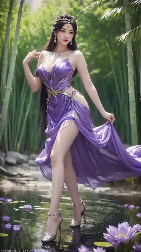 Beautiful arafed woman in a purple dress is walking through a pond, fantasy outfit, fantasy dress, ((a beautiful fantasy empress)), a beautiful fantasy empress, goddess, beautiful goddess, beautiful fantasy maiden, beautiful maiden, fantasy art style, japa...