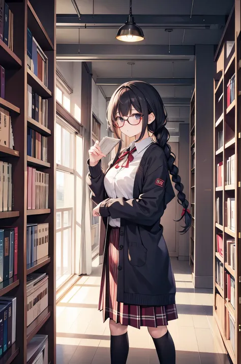  "A shy anime school girl with glasses and braided hair, wearing a plaid skirt and cardigan over her uniform. She stands in a cozy school library filled with tall wooden bookshelves, books stacked on tables, and a glowing reading lamp. The background inclu...