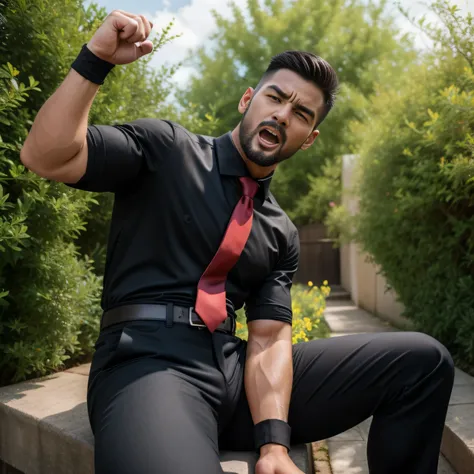 30years old,One Man,、 black shirt、Red tie、 black slim pants、 black gloves、Black boots、Combatant、With a pistol on his hip、garden、　 Sit with your legs open。short hair 、更にshort hair 、 undercut、Stubble　Muscular　Asian Face　 black shirt　View from below　Upper bod...