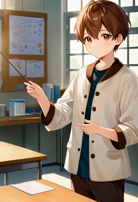 a young man of approximately 17-19 years old with short hair, well-groomed brown hair and warm brown eyes , wearing a white coat over a light blue shirt , standing in a classroom or laboratory . He has a friendly and attentive expression , hol...