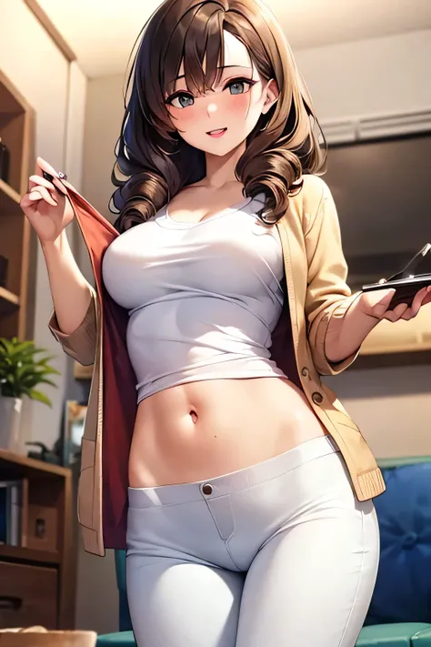 super fine illustration, vibrant colors, masterpiece, sharp focus, best quality, depth of field, ultra detailed, white t shirt, long cardigan jacket, 1 woman, solo, navel, living room, looking down, medium breasts, long curly hair, brown hair, tall, mature...