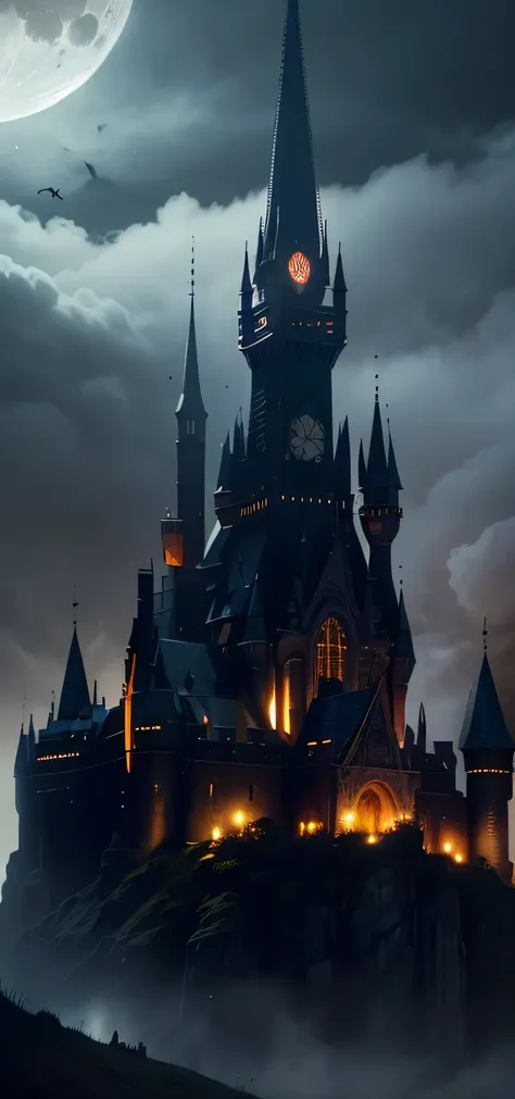 a medieval fantasy castle, gloomy, foggy night, moonlight, candles, vampire castle, (best quality,4k,8k,highres,masterpiece:1.2),ultra-detailed,(realistic,photorealistic,photo-realistic:1.37),HDR,UHD,studio lighting,ultra-fine painting,sharp focus,physical...