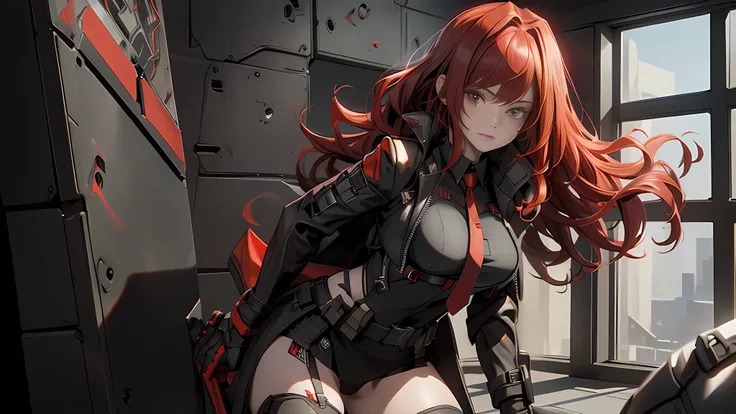 ((Best quality)), ((masterpiece)), (detailed:1.4), 3D, an image of a beautiful cyberpunk female, long burning red hair, burning hair, light brown eyes, red Barret, Black Soldier Shirt, Black under cloth, black panty, Grenade belt, Big chest, Big thigh, Hig...