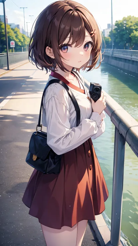 Anime girl in a short dress standing on a bridge holding a camera nothing、Masterpiece、Chizuru Ichinose、Brown Hair、I、For women、 I&#39;m wearing clothes 、 detailed background 、Detailed eyes、（（Brown eyes））,Beautiful perfect legs, Clean and perfect hands