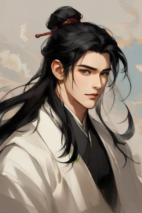 handsome guy,Quiet and peaceful,A faint smile,Chinese clothing and accessories,Black Hair,Perfect face
