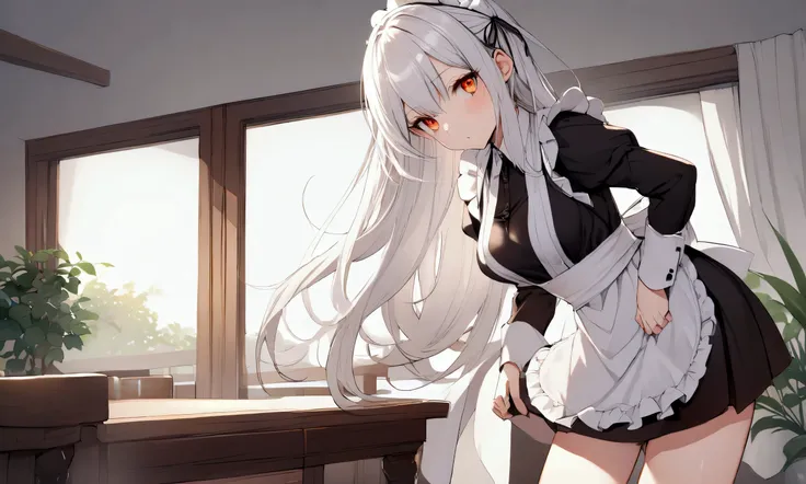 Maid, with short skirt, apron, with neckline, slim,  Amber eyes,  white hair ,  long hair 