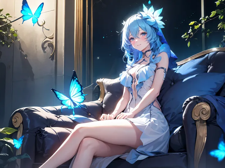 ((sole female)), shorekeeper, sitting, smiling, blushing, blue flower, blue glowing butterfly, glow effect, glowing hairs, glowi...