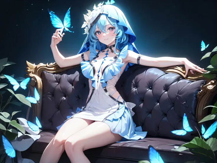 ((sole female)), shorekeeper, sitting, smiling, blushing, blue flower, blue glowing butterfly, glow effect, glowing hairs, glowi...