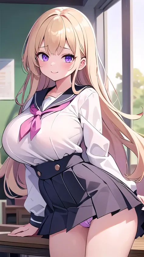   1 girl、,  blonde , Blonde、Long Hair,  curly hair 、 purple eyes ,  1 girl 、classroom、Front、Bitch、Seductive、Big Breasts、 , Pink Lips、morning、 best shadow ,   Best Writing、black and white sailor suit、Mini length、  pleated skirt to expand panties 、Black Knee...