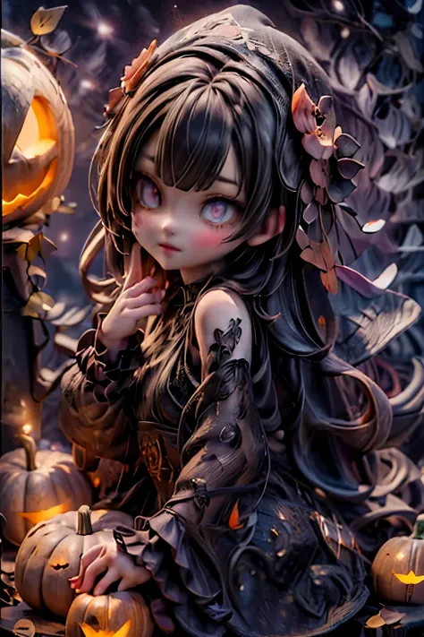a cute girl carving a pumpkin at night,1girl,beautiful detailed eyes,beautiful detailed lips,extremely detailed eyes and face,longeyelashes,autumn,jack-o-lantern,pumpkin carving,night,moonlight,ambient lighting,warm colors,glowing pumpkin,detailed backgrou...