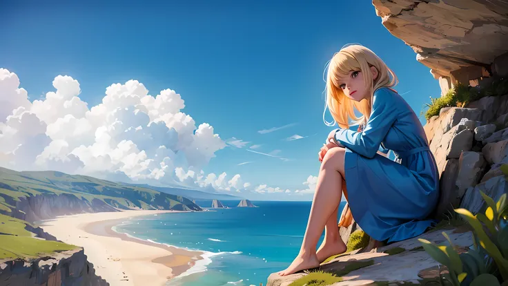 a blonde woman in a small blue dress sitting on a cliff looking out to sea