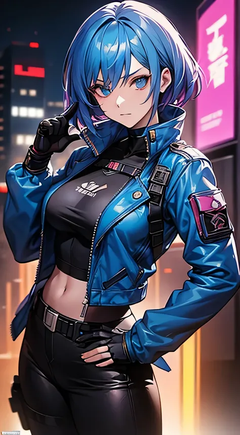 A woman in a blue jacket and black pants is posing for a photo, female  anime character ,  female action anime girl ,  cyberpunk anime girl ,  anime character ,  digital cyberpunk anime art, female  cyberpunk anime girl , Lostland Style,  fighting game cha...