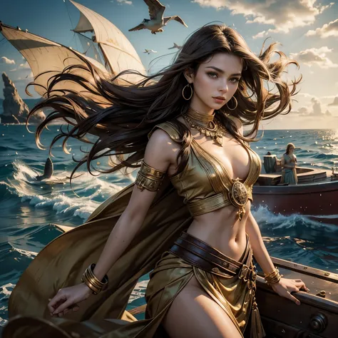 Style: "Prehistoric fantasy setting with a focus on authentic primitive clothing and accessories, reflecting the materials and craftsmanship of early human cultures bronze age. (Minoan civilization)" 
1girl Alethea, Ship captain, leader of a maritime state...