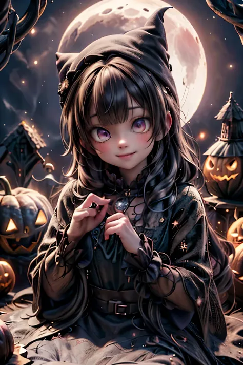 a cute witch smiling, decorating her house for halloween, halloween ambient, nighttime, moon at background, highly detailed, bes...