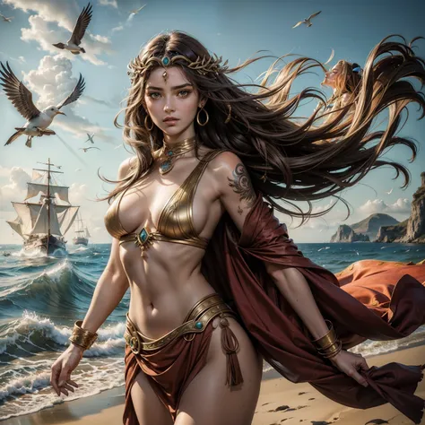 Style: "Prehistoric fantasy setting with a focus on authentic primitive clothing and accessories, reflecting the materials and craftsmanship of early human cultures bronze age. (Minoan civilization)" 
1girl Alethea, Ship captain, leader of a maritime state...