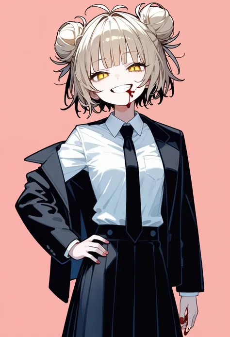 score_9, score_8_up, score_7_up, h1m1k0t0g4, 1girl, beige hair, yellow eyes, (bags under eyes:0.8), hair buns, short hair, messy hair, blunt bangs, suit jacket, white shirt, black tie, long skirt, black skirt, blood on mouth, small breasts, standing, hand ...