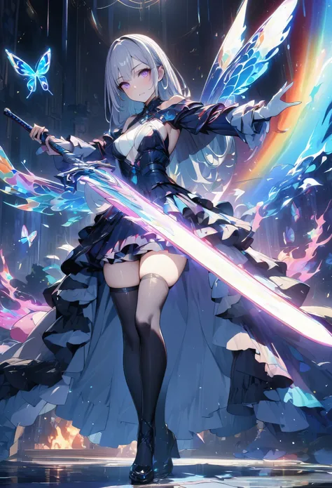 (masterpiece,  best quality:1.2,UHD,High Resolution),colorful,  1 girl, Gray Hair,  purple eyes,  dual weeding that destroys reality , sword,  sword, Blue Flame, Shine, Shine武器,  light particles , wallpaper,  chromatic avalations ,  too much exposed skin  ...