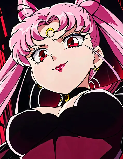  Sailor Moons Wicked Lady, Pink Hair, Red eyes, ,  Black Crescent Moon Mark on Forehead , very evil smirk,beautiful body,shaded face(eyes in evil shadow),((masterpiece,best quality)), absurdes,black dress,upper body,beautiful face,,looking down at viewer,t...