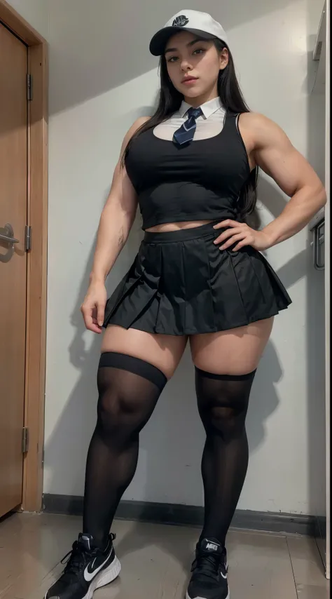 A sexy woman with an athletic Atlantic body and large breasts wears a uniform wearing a black skirt and cuts a pantyhose a high school tie showing off her muscular arms wearing Nike sneakers and Nike cap 