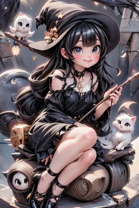 a cute witch smiling, sitting on a flying broomstick, flying at night, angle from below, revealing dress, ankle strap pumps,